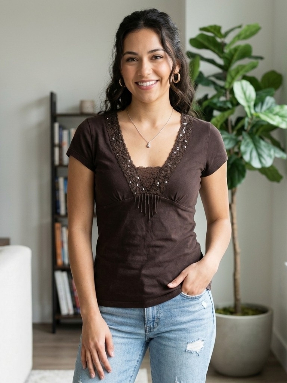 Sonoma Brown Sequin Lace Trim V-Neck Faux Layered Top Tee Size S